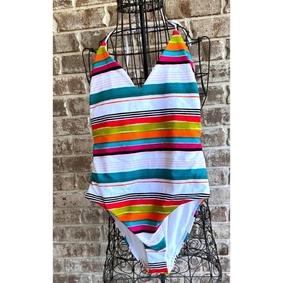 LOFT Beach Swimsuit Size 4 Striped One Piece Halter Shelf Bra V Neck New… - Picture 4 of 12
